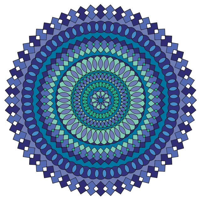 a blue and green circular design on a black background, a mosaic, geometric abstract art, no gradients, mandala ornament, simple yet detailed, blue and violet color scheme