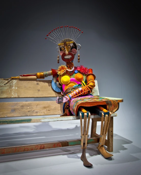 a sculpture of a person sitting on a bench, a surrealist sculpture, by Malvin Gray Johnson, toyism, award winning costume design, epic 3 d oshun, puppet, thailand