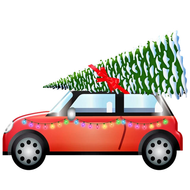 a car with a christmas tree on top of it, an illustration of, on black background, high res photo