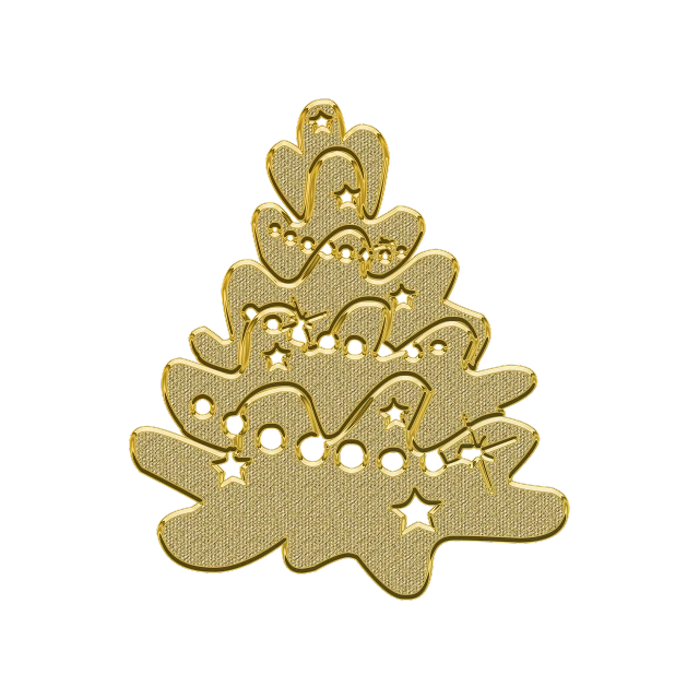 a gold christmas tree on a black background, a stipple, inspired by Jean Arp, art deco, 3 d model, pendant, cutout, cad