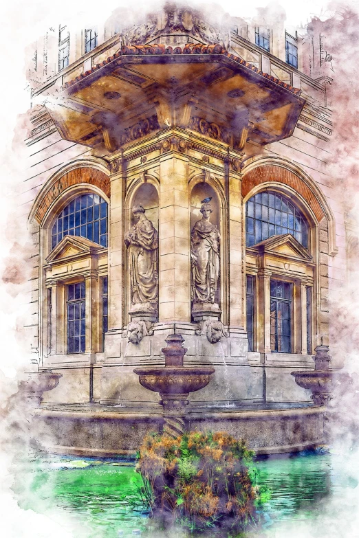 a painting of a fountain in front of a building, a digital painting, trending on pixabay, art nouveau, watercolor effect, hannover, old library, masterpiece. intricate artwork