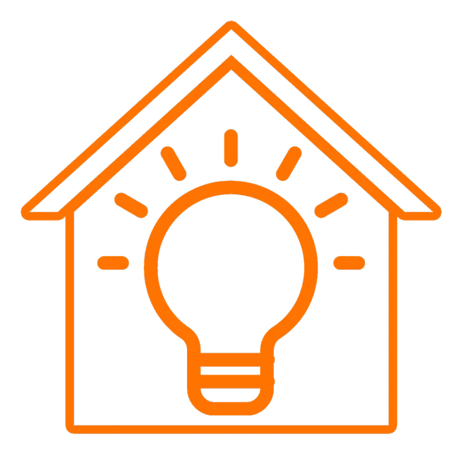 a house with a light bulb inside of it, black and orange, profile picture, power bright neon energy, educational