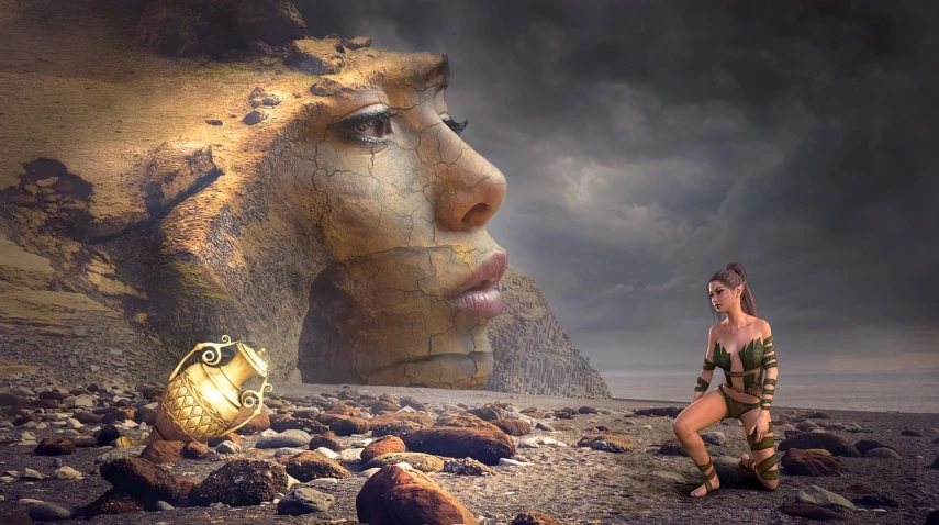 a woman standing on a rocky beach next to a statue, inspired by Igor Morski, trending on cg society, fantasy art, roman face, somewhere in sands of the desert, cleopatra in her palace, woman and robot