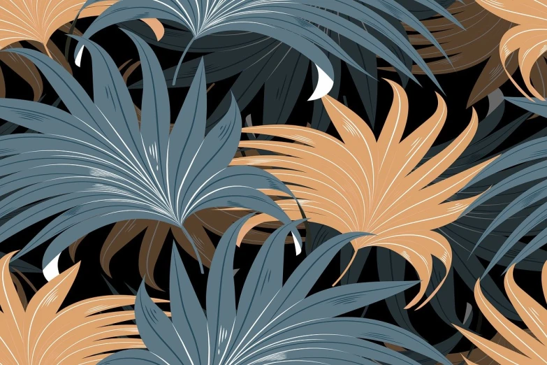 a pattern of palm leaves on a black background, a digital painting, tumblr, dark grey and orange colours, forest with flowers blue, in style of stanislav vovchuk, poster illustration