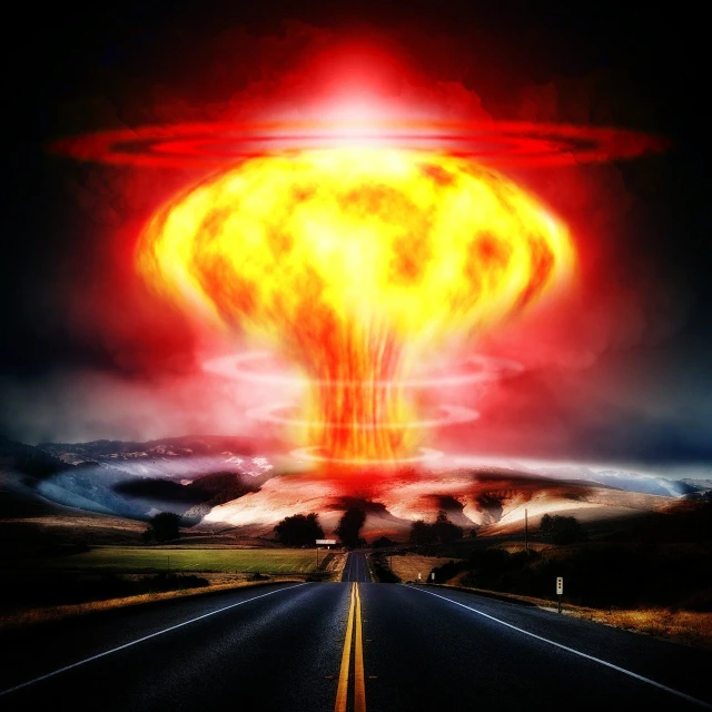 an image of a nuclear explosion over a road, an illustration of, nuclear art, portrait shot, big!!!!!!!!!!!!, discovered photo, image