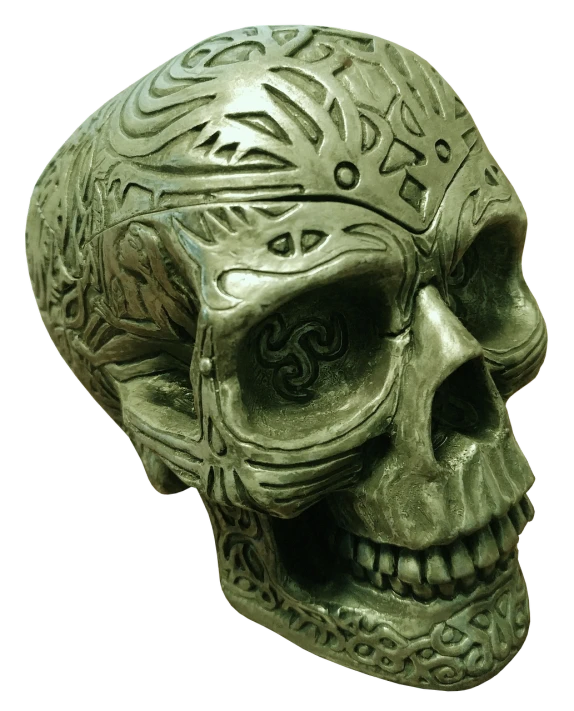 a close up of a statue of a skull, inspired by János Saxon-Szász, zbrush central contest winner, new sculpture, intricate engraving, celtic norse frankish, singularity sculpted �ー etsy, there is a skull over a table