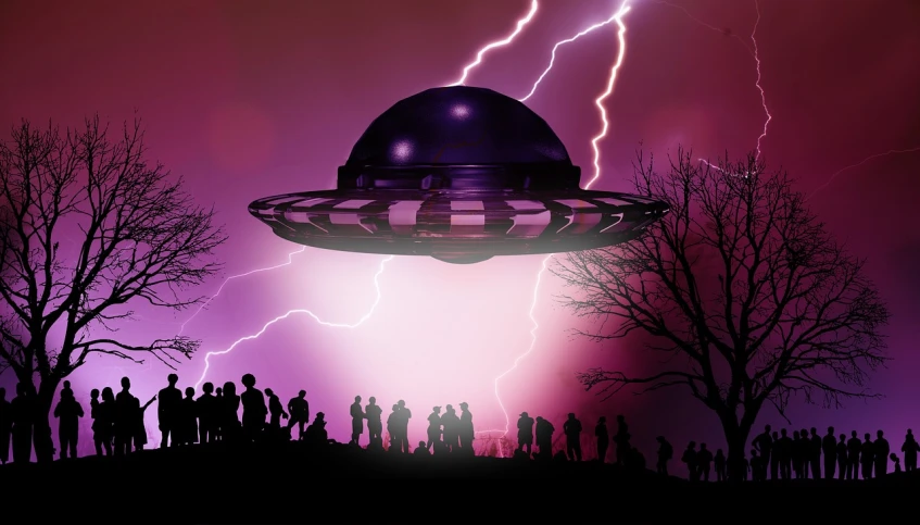 a group of people standing around a flying saucer, an illustration of, by Jon Coffelt, shutterstock, thunder, ultraviolet light, stock photo