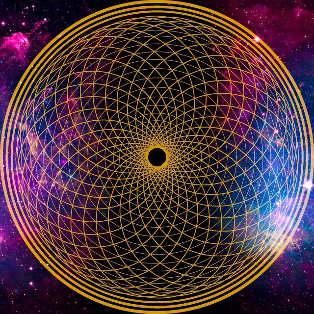 a black hole in the center of a space filled with stars, digital art, by Daniel Chodowiecki, shutterstock, psychedelic art, geometric golden ratio details, complex tarot card background, esoteric equation heaven, yantra