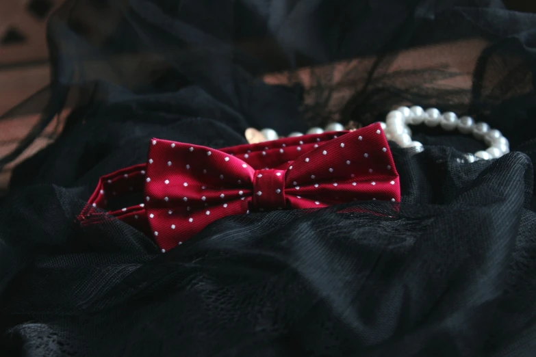 a red bow tie sitting on top of a black tulle, a picture, romanticism, close-up product photo, pearls, black red white clothes, miniature product photo