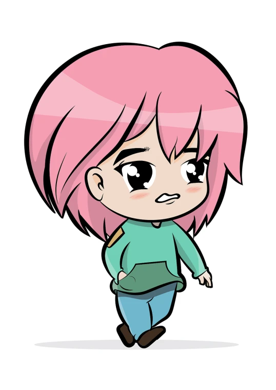 a cartoon girl with pink hair and a green shirt, mingei, shy, wearing casual clothes, animation style, charicature