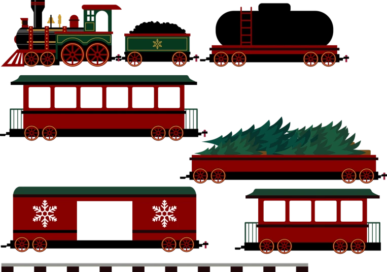 a train with a christmas tree on the front, a train with a christmas tree on the back, and a train with a christmas tree on, a digital rendering, trending on polycount, naive art, black-crimson color scheme, schematics, on black background, parade floats