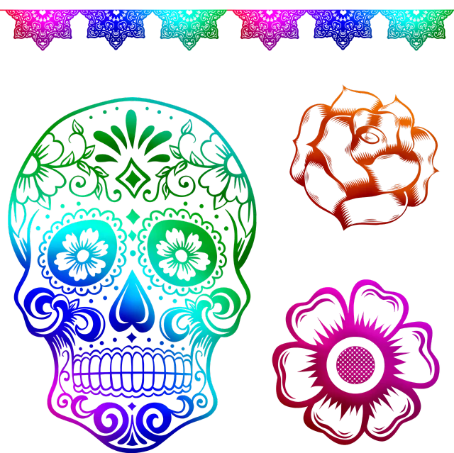 a colorful sugar skull on a black background, vector art, by Gwen Barnard, with glow on some of its parts, sky line, glowing interior components, red neon roses