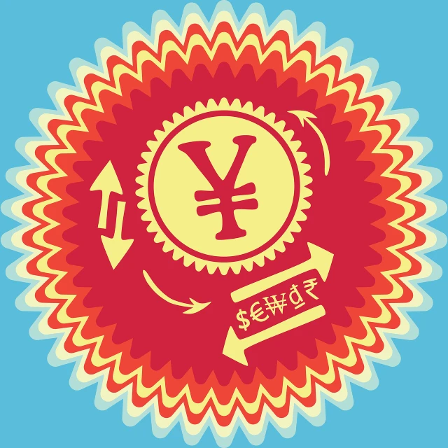 a red and yellow sticker with a dollar sign on it, inspired by Yang Buzhi, behance contest winner, hurufiyya, radial symmetry, yuruyuri, year 1968, spring