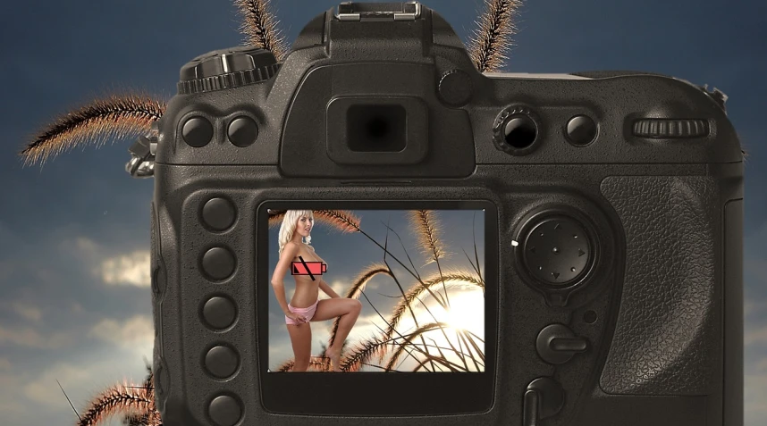 a woman in a bikini sitting on top of a camera, digital art, inspired by Bunny Yeager, zbrush central contest winner, shot from behind blades of grass, miniature photography closeup, camera flash, photorealistic screenshot