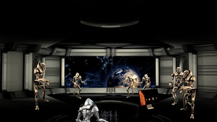 a bunch of skeletons that are in a room, inspired by Noriyoshi Ohrai, space art, virtual set, film still from star trek, on a stage, iphone wallpaper