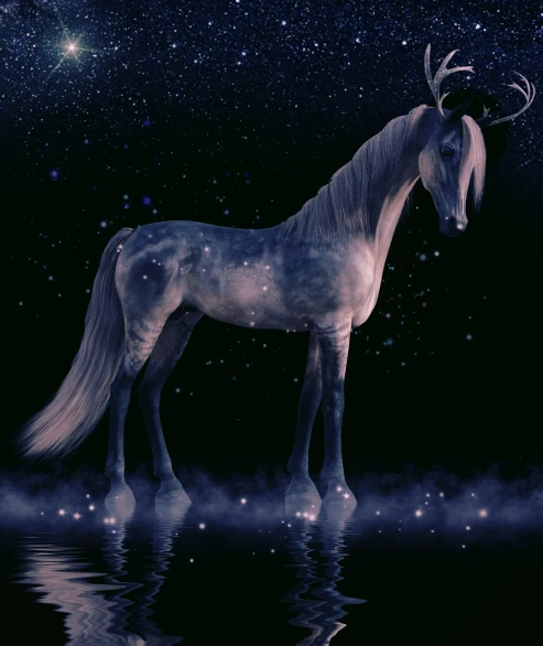 a horse that is standing in the water, a digital rendering, magical realism, on a clear magnificent night sky, full length shot, edited, lucifer the star