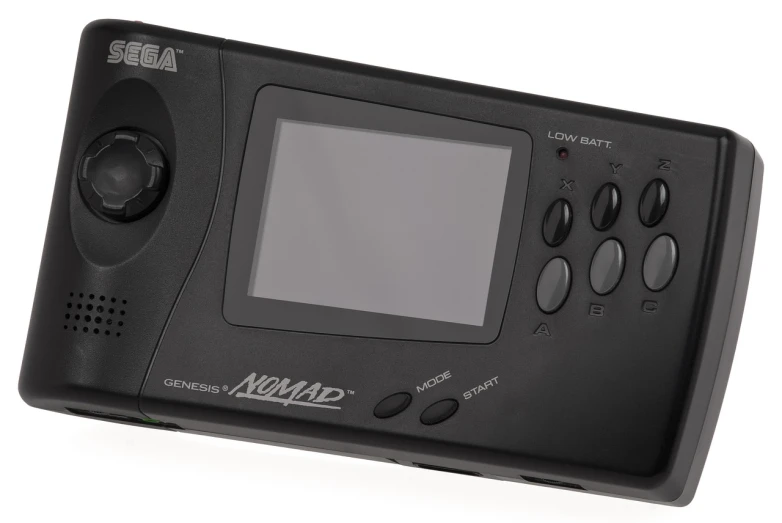 a black game console sitting on top of a white surface, a picture, inspired by Géza Dósa, pixabay, neogeo, nomad, handheld, mega scans, close-up product photo