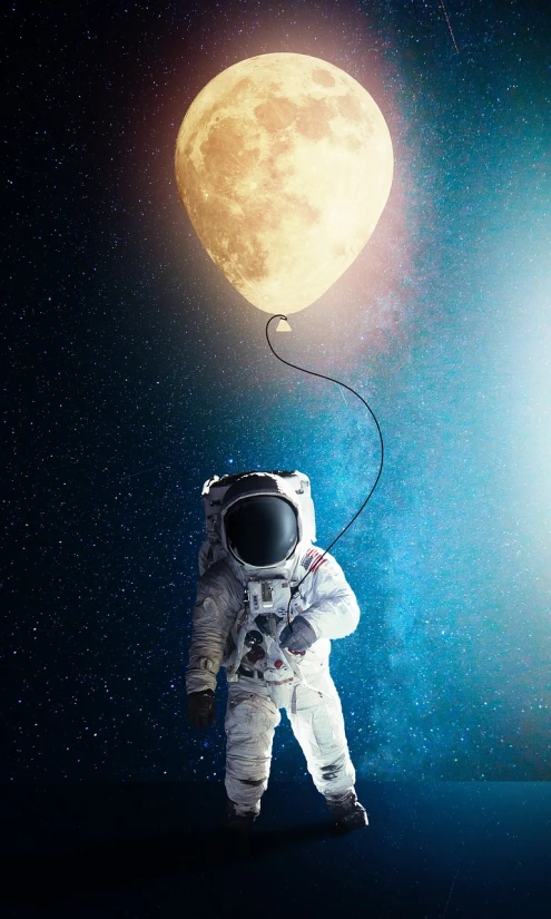 an astronaut holding a balloon with the moon in the background, pexels, space art, a contemporary artistic collage, high quality fantasy stock photo, very accurate photo