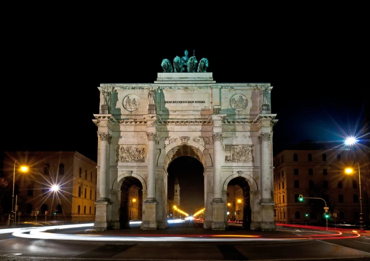 an arch in the middle of a city at night, a picture, by Bernardino Mei, shutterstock, roman historic works, electric arc, 2 0 1 0 photo, monument