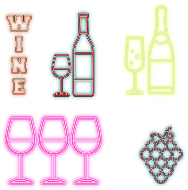 a bunch of different colored wine glasses and bottles, vector art, by Mac Conner, flickr, pop art, few neon signs, paper cut out, neon outline, with glow on some of its parts