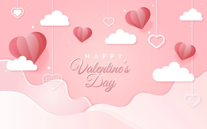 a pink valentine's day background with hearts and clouds, paper origami, illustration line art style, simple and clean illustration