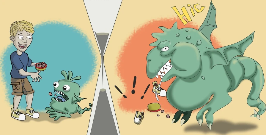 a cartoon picture of a boy and a monster, a storybook illustration, by Tom Carapic, shutterstock contest winner, process art, hourglass, they are fighting very angry, dino mouse, hd wallpaper