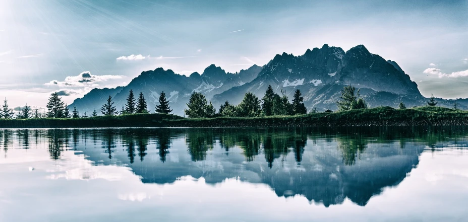 a body of water with a mountain in the background, a picture, by Matthias Weischer, beautiful reflexions, uplifting mood, perfect symmetrical, stunning screensaver