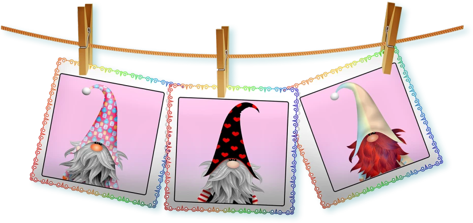 three pictures of gnomes hanging on a clothes line, a photo, lineless, 7 0 mm. digital art, ( ( ( black witch hat ) ) ) ), hearts