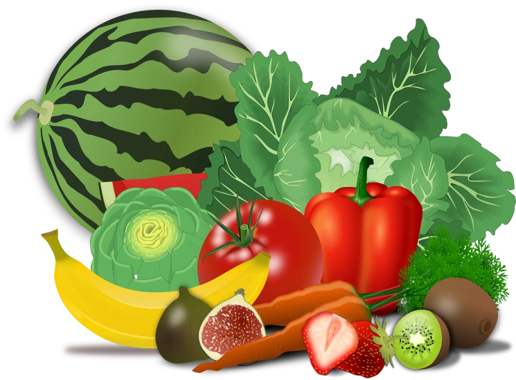 a variety of fruits and vegetables on a white background, a digital rendering, by Kiyoshi Yamashita, pixabay, renaissance, cel shaded vector art, flat - color, watermelon, black main color