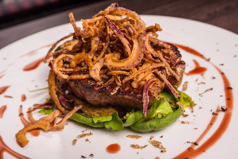 a close up of a plate of food on a table, shutterstock, tentacles wrapped around burgers, high detailed photo, onion, very crispy