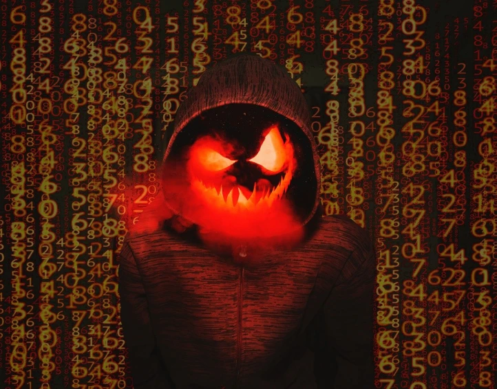 a person in a hoodie standing in front of a wall of numbers, digital art, by Milton Menasco, shutterstock, digital art, villain wearing a red oni mask, pumpkin head, the fire is made of binary code, stock photo