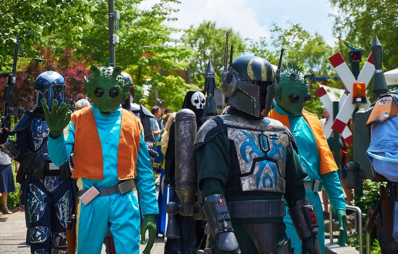 a group of people dressed up in star wars costumes, a photo, by Ryan Pancoast, shutterstock, as atlantean reptilian warriors, boba fett, closeup!!!!!!, shot on leica sl2