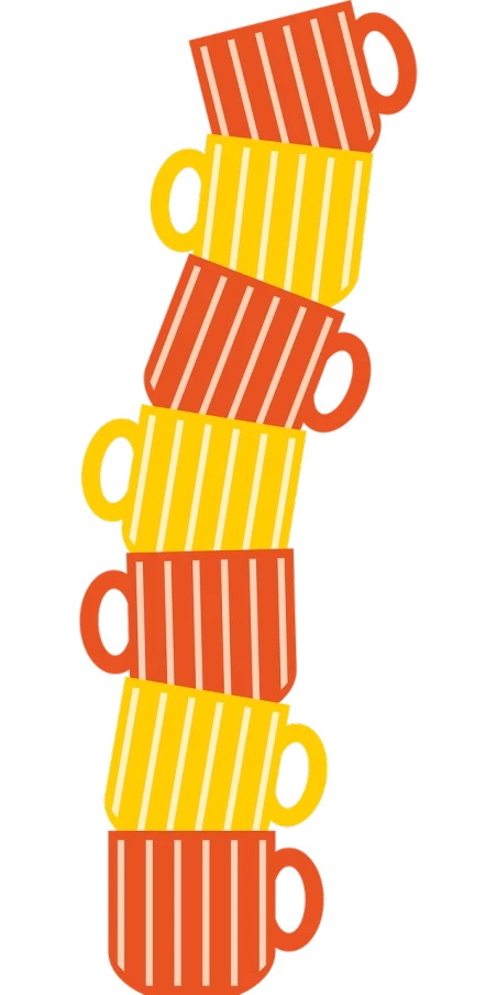 a stack of coffee cups sitting on top of each other, a digital rendering, inspired by Doug Ohlson, pop art, orange neon stripes, black and yellow and red scheme, epicurious, abstract claymation