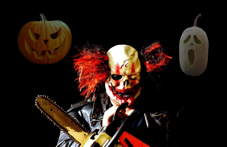 a man dressed as a clown holding a chainsaw, a photo, inspired by John Carpenter, pixabay, vanitas, (((((((no glow))))))), leatherface, fall season, heavy metal band promo