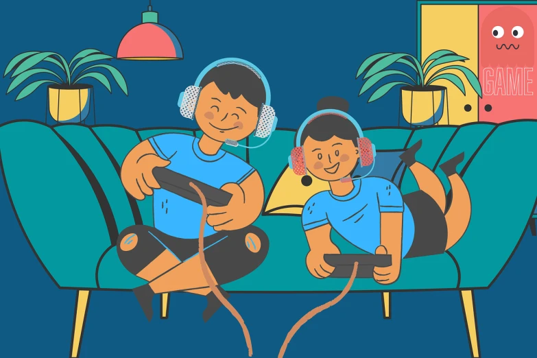 a couple of people that are sitting on a couch, a cartoon, shutterstock, conceptual art, gaming headset, children illustration, matching colors, cartoon style illustration