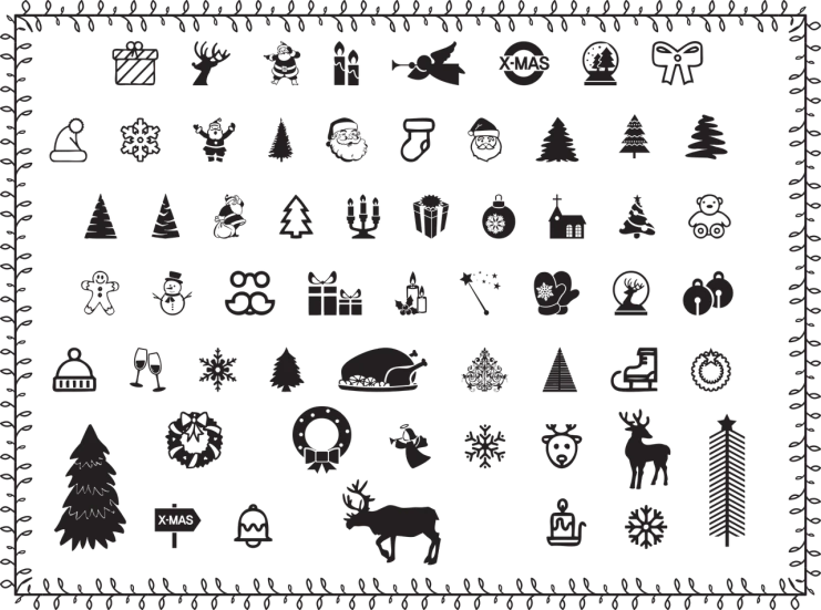 a black and white picture of christmas icons, by Joe Machine, ascii art, tileset asset store, black silhouette, dark grey background, tileable