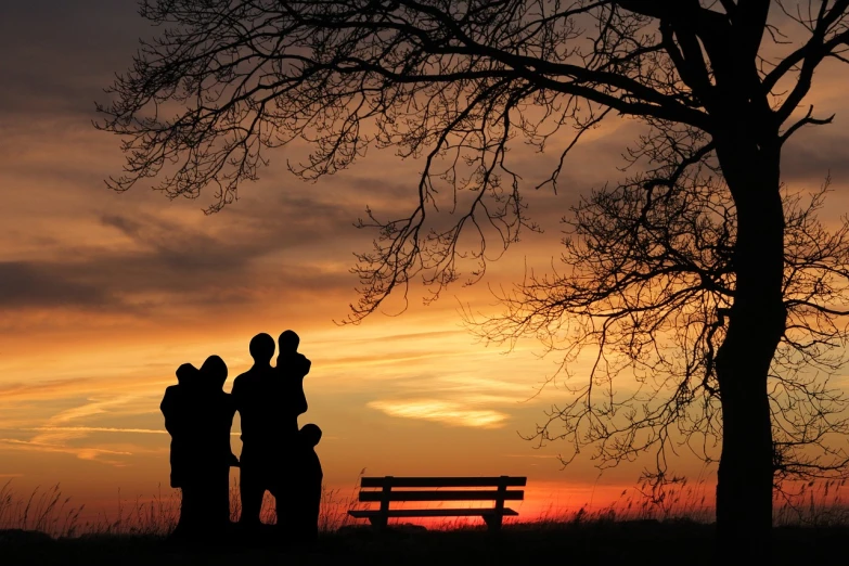 a group of people standing next to a tree, by Dariusz Zawadzki, flickr, gorgeous romantic sunset, sit on a bench, maternal, photograph credit: ap