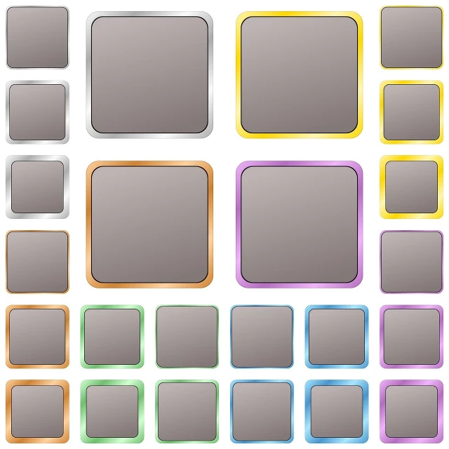 a bunch of different colored squares on a white background, a digital rendering, metallic buttons, highly detailed rounded forms, flat grey color, muted neon colors