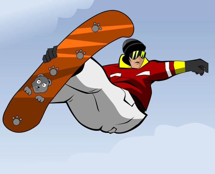 a man flying through the air while riding a snowboard, vector art, inspired by Dechko Uzunov, deviantart contest winner, generic furry style, superbowl, screenshot from the game, wikihow illustration