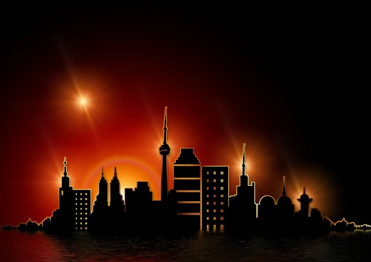 an image of a city skyline at night, by Brigette Barrager, shutterstock, digital art, shining gold and black and red, the city of toronto, sun and shadow over a city, isolated background