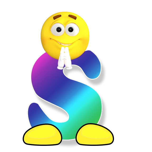 a rainbow colored letter s with a smiley face, by Sidney Simon, figuration libre, 3d model of a japanese mascot, with a black background, sad man, sitting