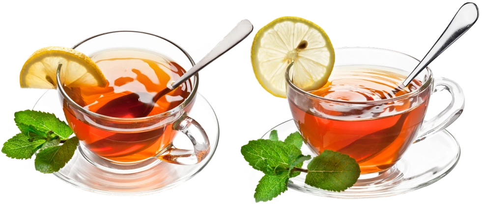 two cups of tea with lemon slices and mint leaves, a digital rendering, by Rhea Carmi, shutterstock, dau-al-set, image split in half, bangalore, on black background, honey