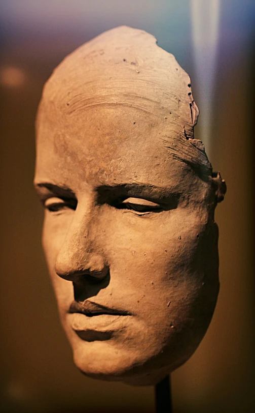 a close up of a clay head on a stand, by Christen Købke, flickr, on display in the louvre, potrait of a female face, subject made of cracked clay, jimin\'s grecian nose