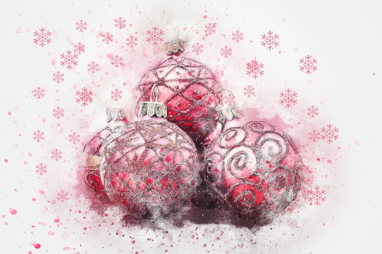 a couple of christmas balls sitting on top of a snow covered ground, a pastel, digital art, silver red white details, high quality product image”