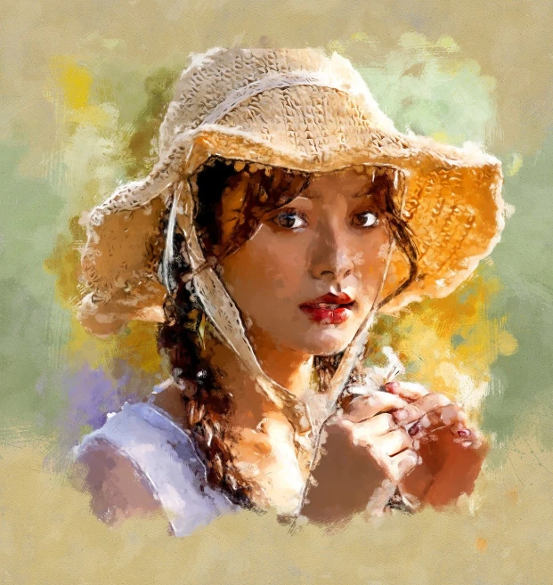 a painting of a woman wearing a straw hat, inspired by Fernando Amorsolo, trending on pixabay, watercolor digital painting, pride and prejudice, portrait of a japanese girl, andrey gordeev