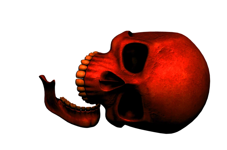 a close up of a skull on a black background, a digital rendering, digital art, very red colors, 1128x191 resolution, closed mouth showing no teeth, sinister photo