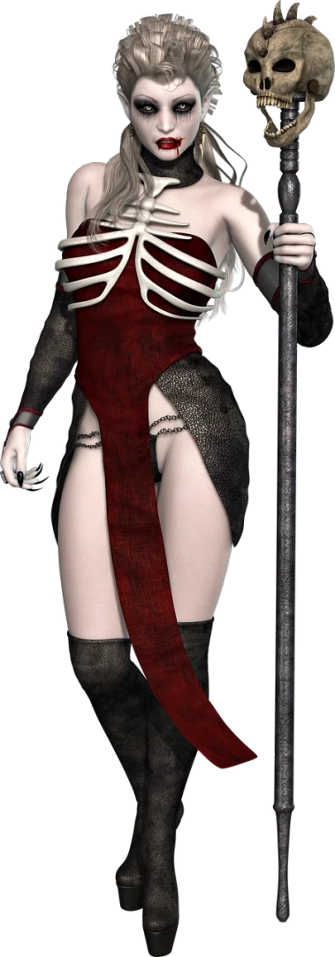 a woman in a red dress holding a sword and a skull, a 3D render, inspired by Aramenta Dianthe Vail, black-white skintight robes!, detail render, freya, the dress\'s lower