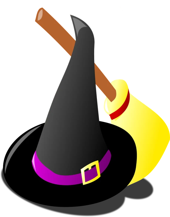 a witch hat and broom on a black background, a screenshot, by Robert Richenburg, pixabay, sōsaku hanga, no gradients, 1 0 2 4 x 7 6 8, a brightly colored, axe