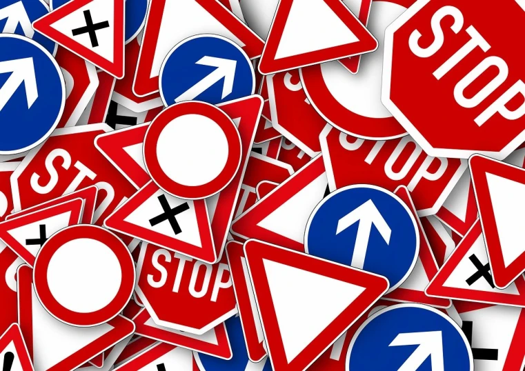a pile of red and white street signs, a picture, by Matija Jama, shutterstock, digital art, cruise control, shields, tutorial, driving