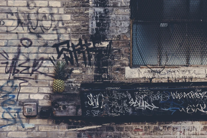 a brick wall covered in graffiti next to a window, inspired by Elsa Bleda, pexels, pineapple, new york background, scratched photo